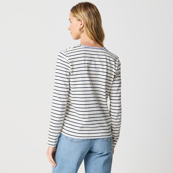 J. Crew Striped Ruffle Neck Henley Buttons Long Sleeve Top Blouse S Green White - Picture 5 of 15